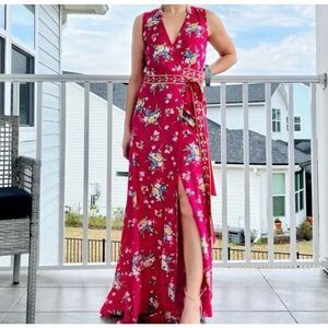 New York & Company Fuchsia Floral Maxi Dress with Side Slit